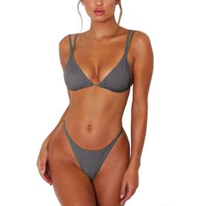 Women's Sexy Thong Bottom Two Piece Bikini Double Shoulder Straps Cute Swimsuit Triangle Bathing Suit Shiny Gray XL