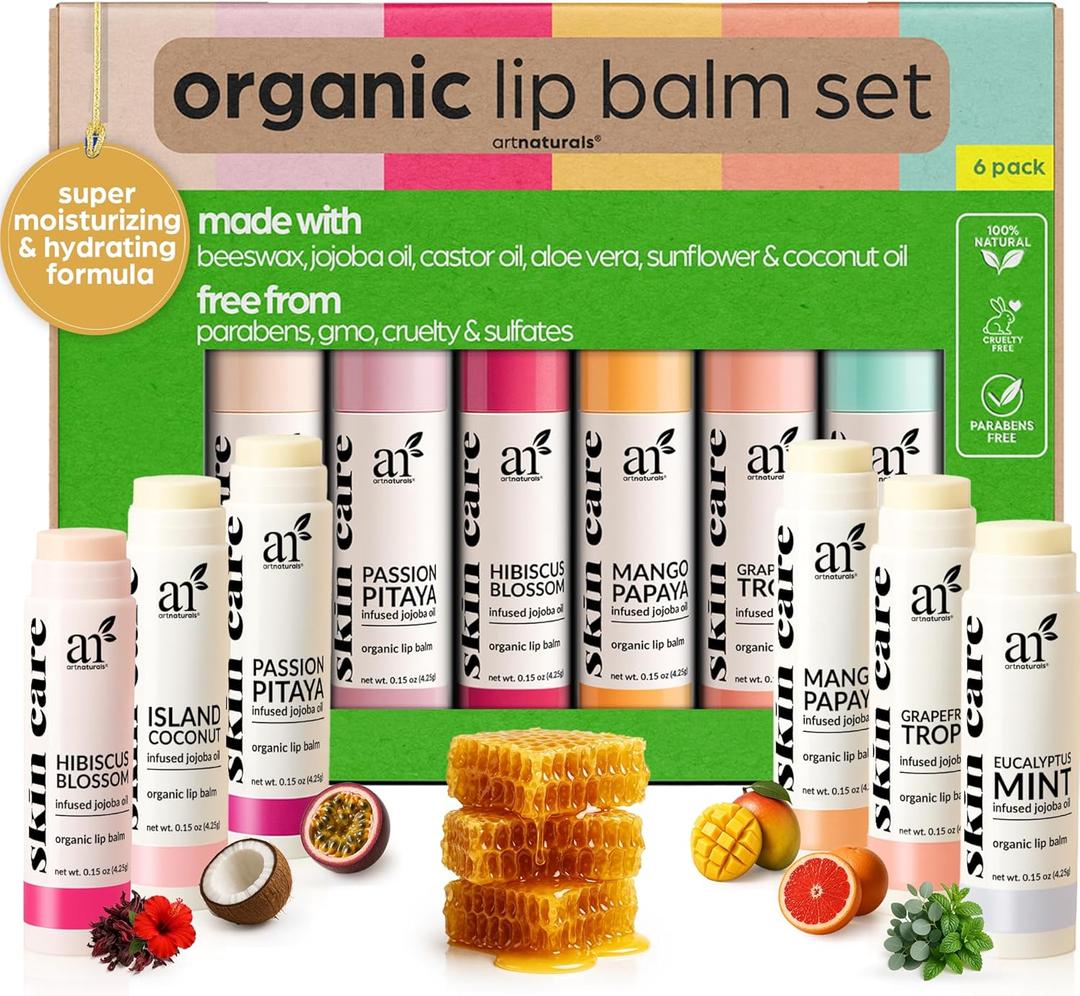 ArtNaturals Organic Beeswax Lip Balm Gift Set - Assorted Flavors with Aloe, Coconut & Jojoba Oils