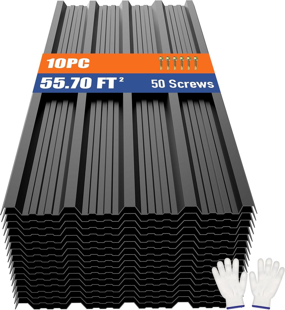 Brakki Metal Roofing Panels 10pcs 55.7 ft², Black Corrugated Roof Panels, 10pcs/L45.28"