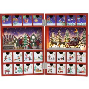 Christmas Wooden Advent Calendar Book with LED lighting Red Color Santa Pulling a Sleigh Scenes Countdown Holiday Gifts with 24 Drawers Adults Kids Home Decoration (8.7x4.6x12.6")