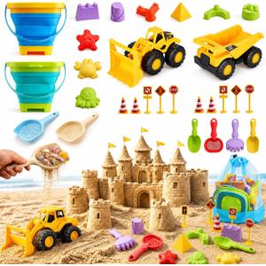 30PCS Beach Toys for Kids Ages 3-10, All-in-One Sand Toys Set with 2 Collapsible Buckets, Shovels, Trucks & Molds, Keep Kids Busy for Hours - Easy to Carry for Beach Travel Sandbox Play