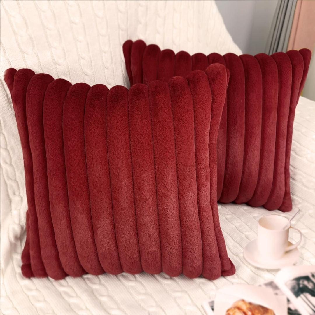 Bunliuys 2 Pack Pillow Covers, 20x20 Faux Fur Square Throw Pillow Covers for Living Room Decorations Throw Pillow Case, Throw Pillow Cover Cushion Cover for Sofa Bedroom Car, Burgundy Red