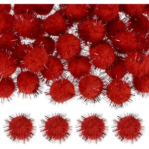 M METERXITY 60-Pack Glitter Pom Pom Balls, 1 in/2.5 cm Mini Tinsel Sparkle Balls for Arts/DIY Crafts/Party Decoration/Christmas/Cat, Soft Assorted Puff Ball [Bright Red]