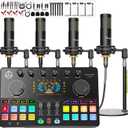 Podcast Equipment Bundle for 4, Audio Interface with 4 Dynamic Microphone, 4 Desktop Mic Stands, Voice Change, DJ Mixer for Vocal Recording Podcasting,Streaming,Singing TikTok, COMMANDER M100 3rd