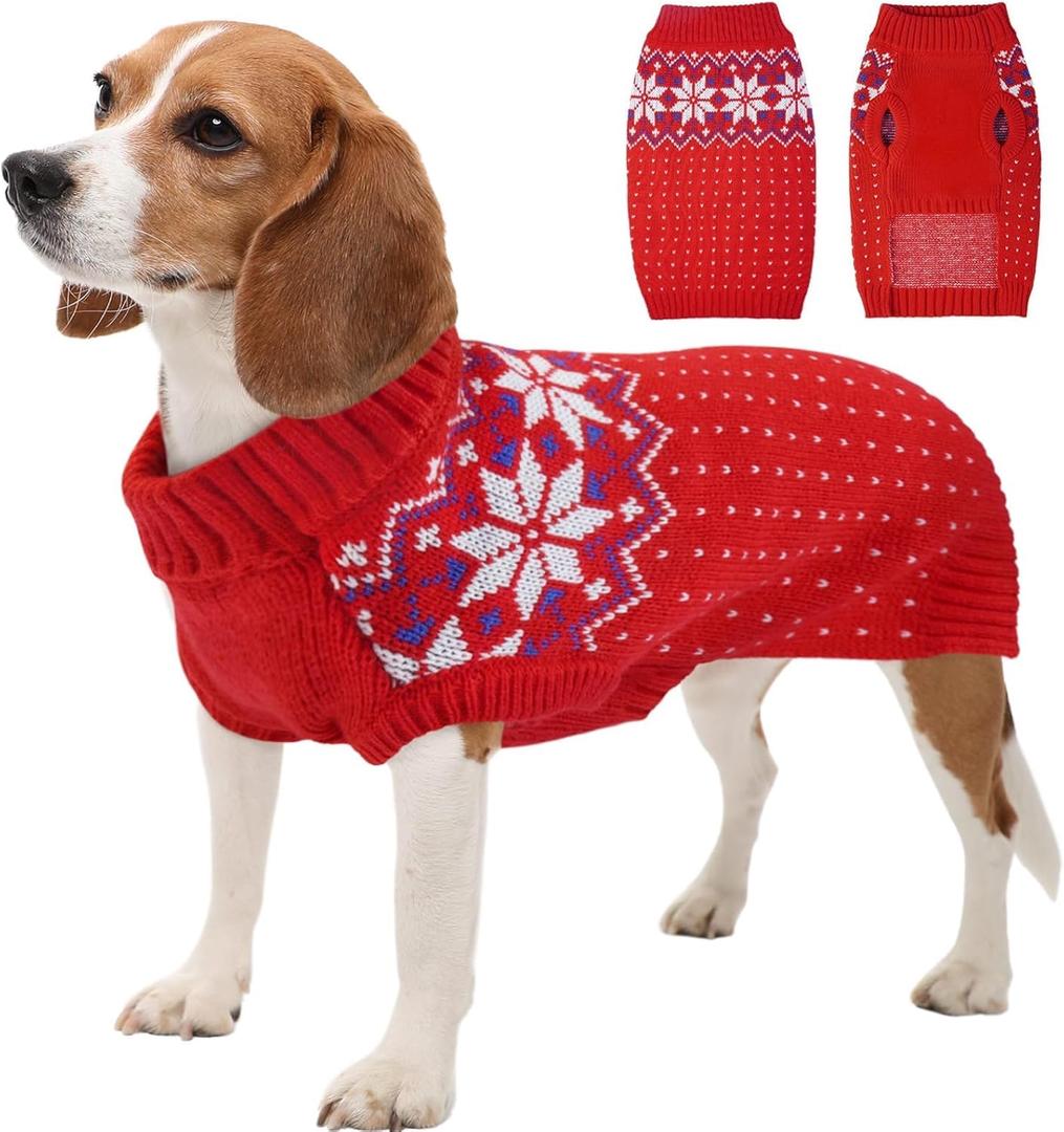 Kuoser Dog Christmas Sweater, Soft Warm Xmas Sweaters for Small Medium Large Dogs Boy Girl, Comfortable Dog Sweater with Leash Hole Snowflake Puppy Knit Outfit for Holiday Winter Fall, Red M (Medium (Pack of 1))