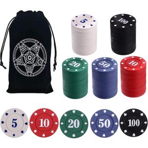 IXIGER Poker Chips,Denomination Poker Chips Set with Black Velvet Pouch Bag,Plastic Game Chips,Game Night Party Supplies(100pcs)