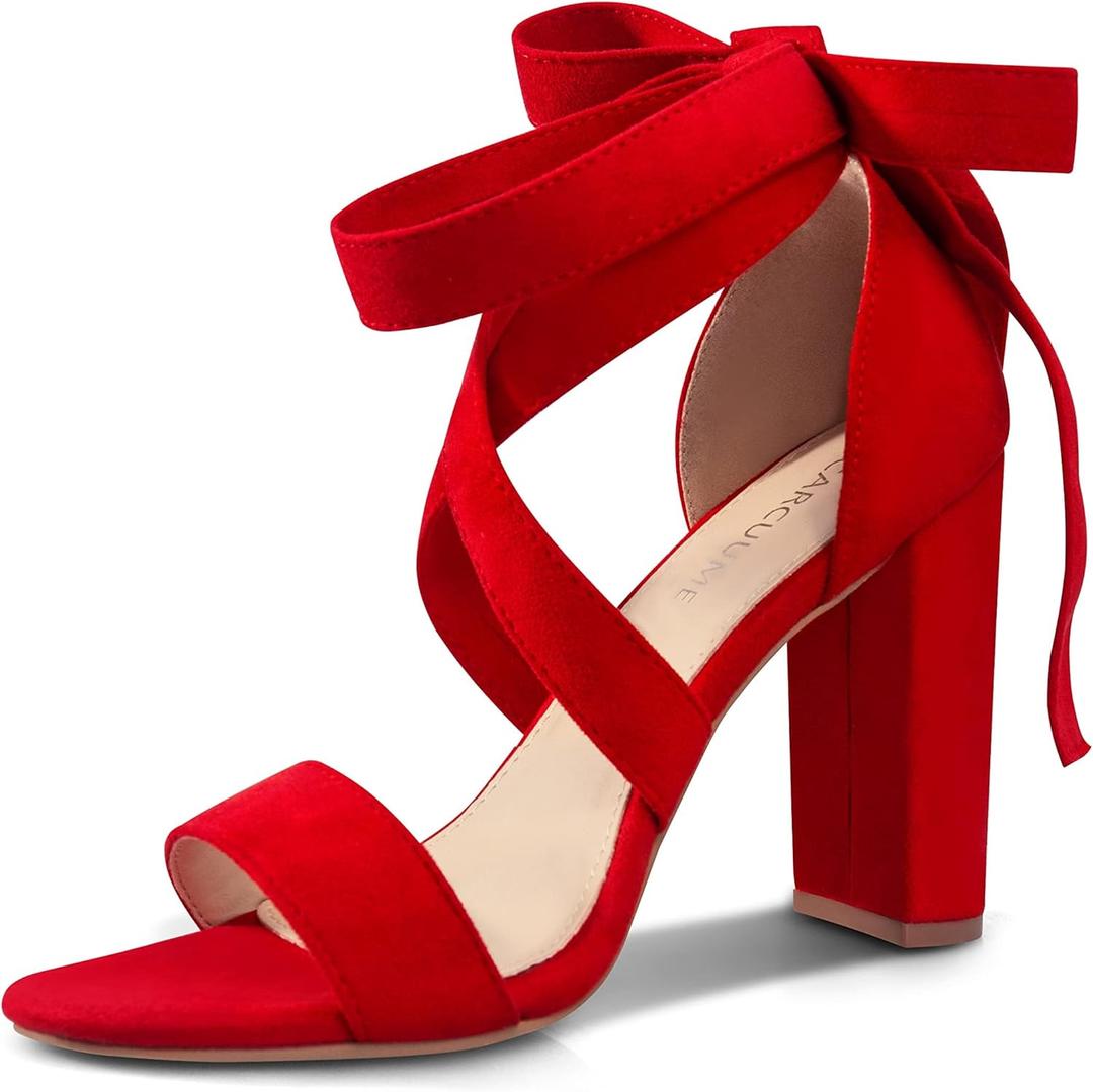 Strappy Heels for Women Chunky Heels High Heeled Sandals with Lace Up Fahsion Casual Nude Block Heel Sandals (7, Red)