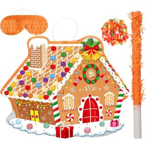 Christmas Gingerbread House Theme Piata 16 Inch Mexican Piata with Stick Blindfold Christmas Piatas Bundle for Xmas Birthday Holiday Game Favor Photo Prop