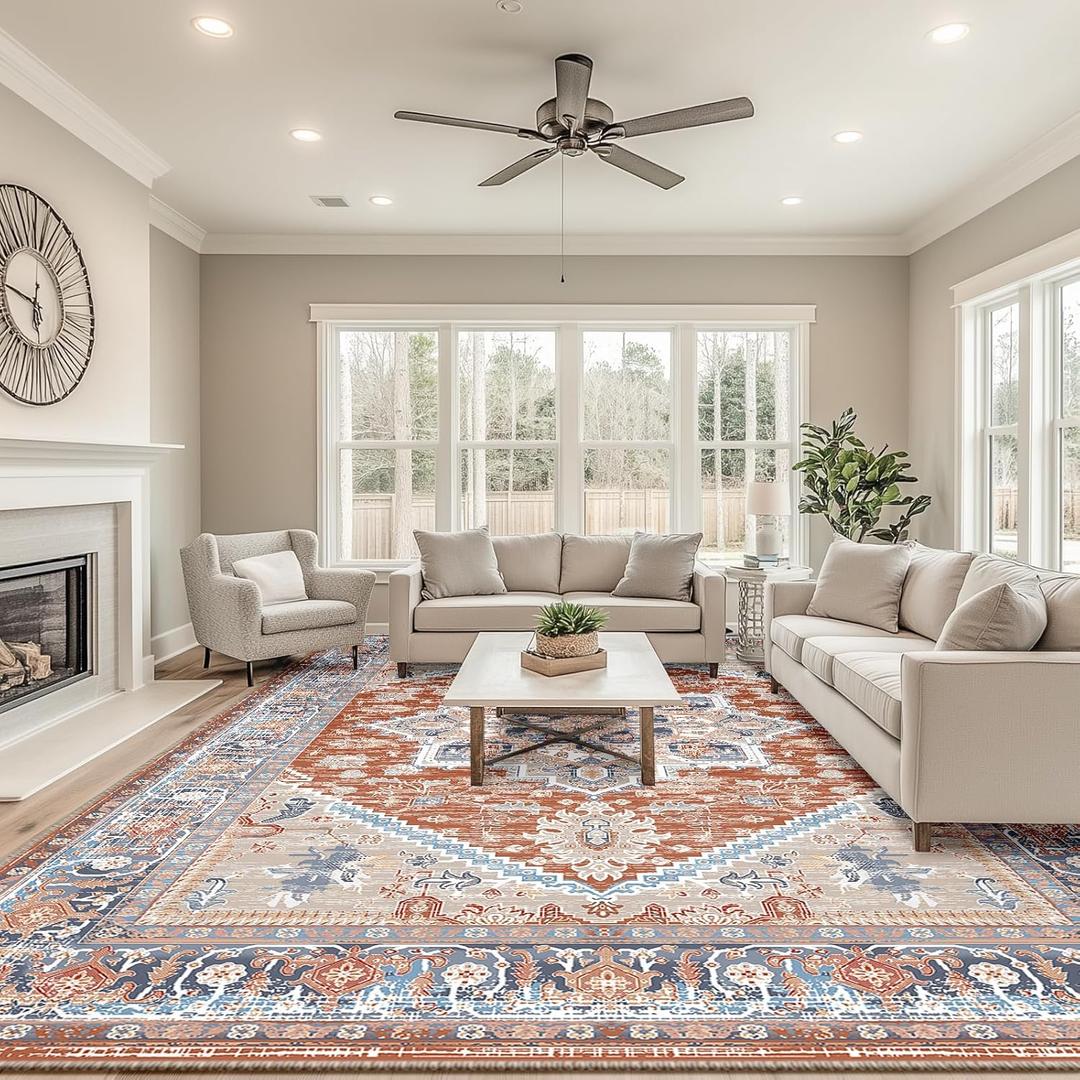 BESTSWEETIE 9x12 Area Rugs for Living Room Washable Non Slip Carpet Low Pile Soft Vintage Print Pattern Rug for Bedroom Dining Room Kitchen Entryway Indoor-Brick/Blue/Light Ivory