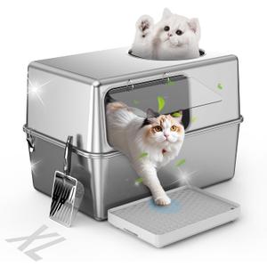 Stainless Steel Litter Box with Lid, Enclosed Metal with High Sides, Large Cat Litter Box, Dog-Proof, Odor Control, Easy to Clean,Durable with Round Edge (Offset Opening)