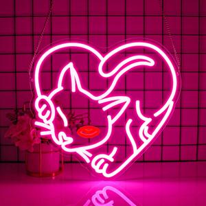 Cat Neon Sign, JGHTURIE Pink Neon Signs for Wall Decor, Cute Animal Light Up Signs Game Party Bar Led Sign for Man Cave Decor, USB Powered