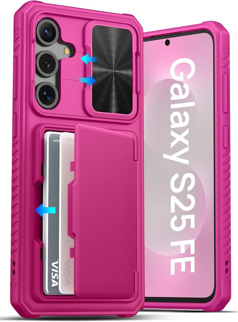 ATATOO for Samsung Galaxy S25 FE Wallet Case with Card Holder (3-5 Cards) [RFID Blocking] & Sliding Camera Cover, Military Grade Protection, Women Men Cover Case for Galaxy S25 FE 6.7" 2025, Hot Pink