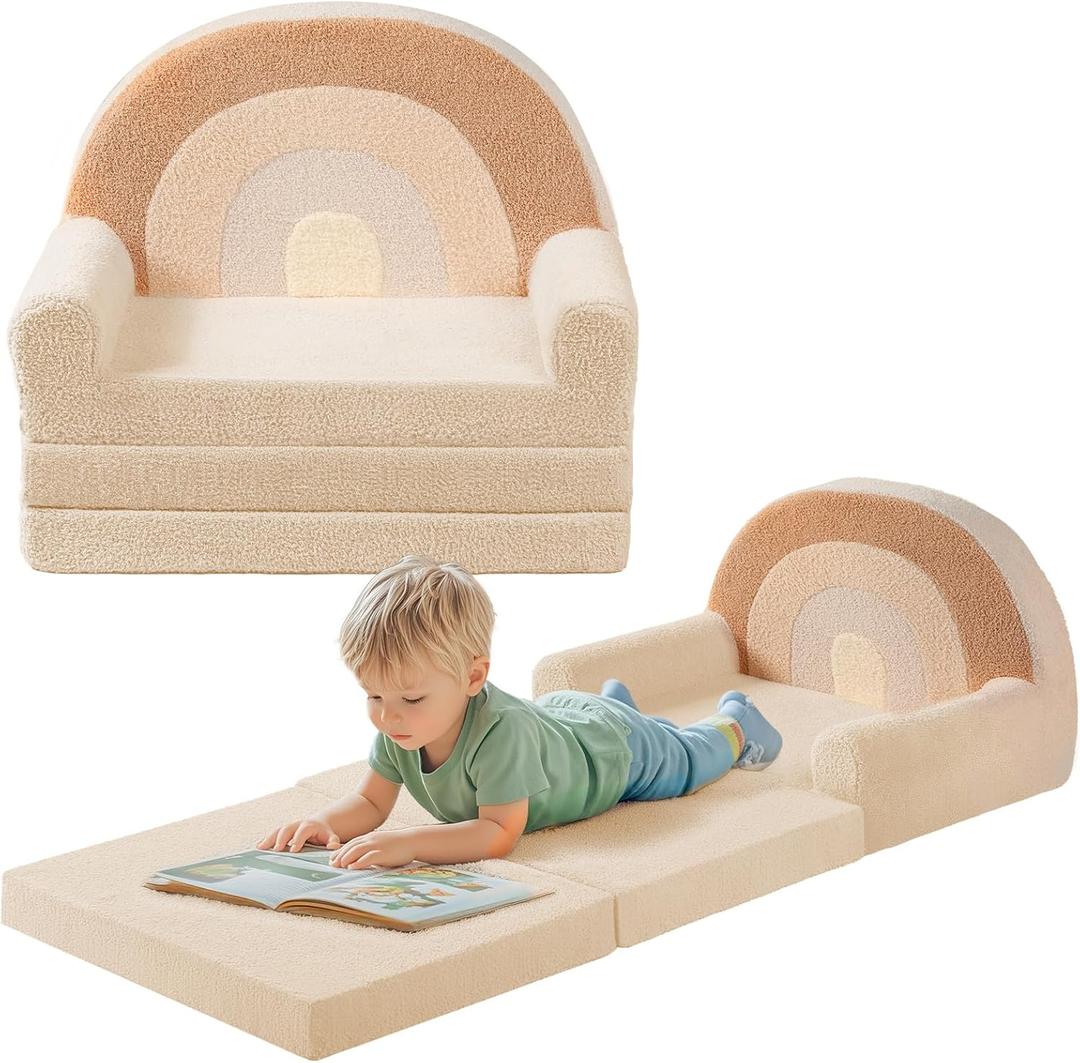 little dove Extra Wide Soft Toddler Couch Fold Out, 2-in-1 Kids Couch, Convertible Kids Sofa to Lounger, Comfy Toddler Chair, Kid Furniture for Playroom, Ideal Gifts for Boys & Girls, Beige