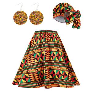 Women African Dashiki Skirt Casual Stretch Head Wrap Scarf Drop Dangle Earrings (Medium) Multicolored