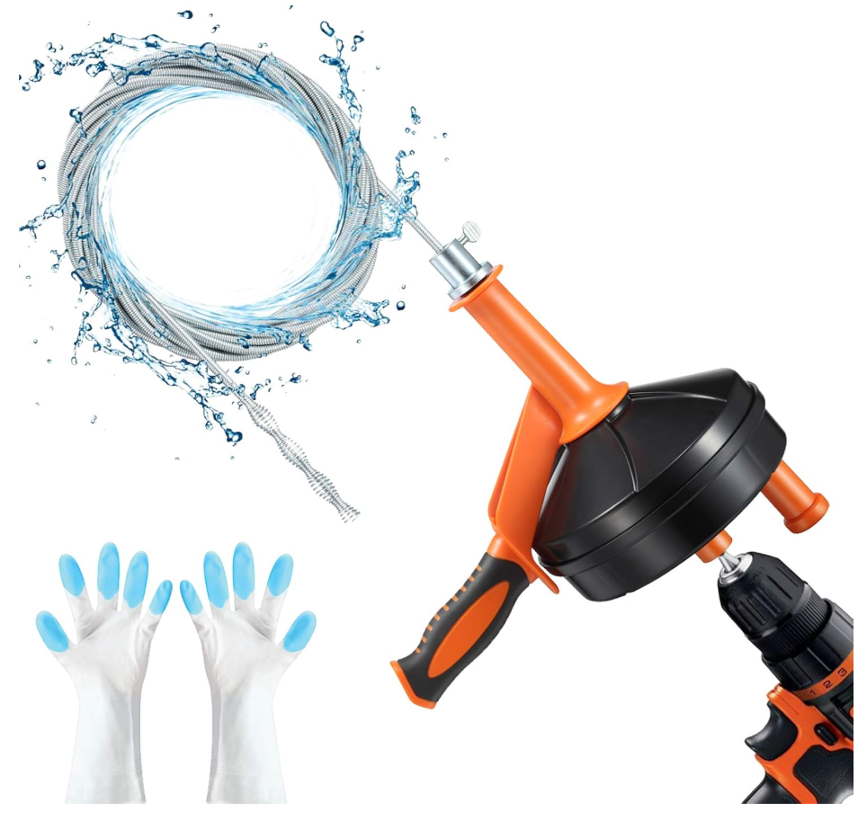 Drain Snake, Drain Auger with Drill Attachment, 25 Feet Plumbing Snake Auto Feed Flexible Hair Drain Clog Remover for Kitchen, Bathrom and Shower Sink with Gloves