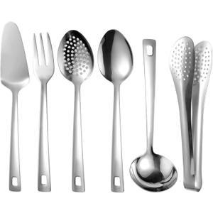 6 PCS Stainless Steel Serving Utensils, 10 Inch Serving Spoons for Buffet Large Hosting Metal Spoons, Silverware Set Tongs for Serving Food Parties Catering