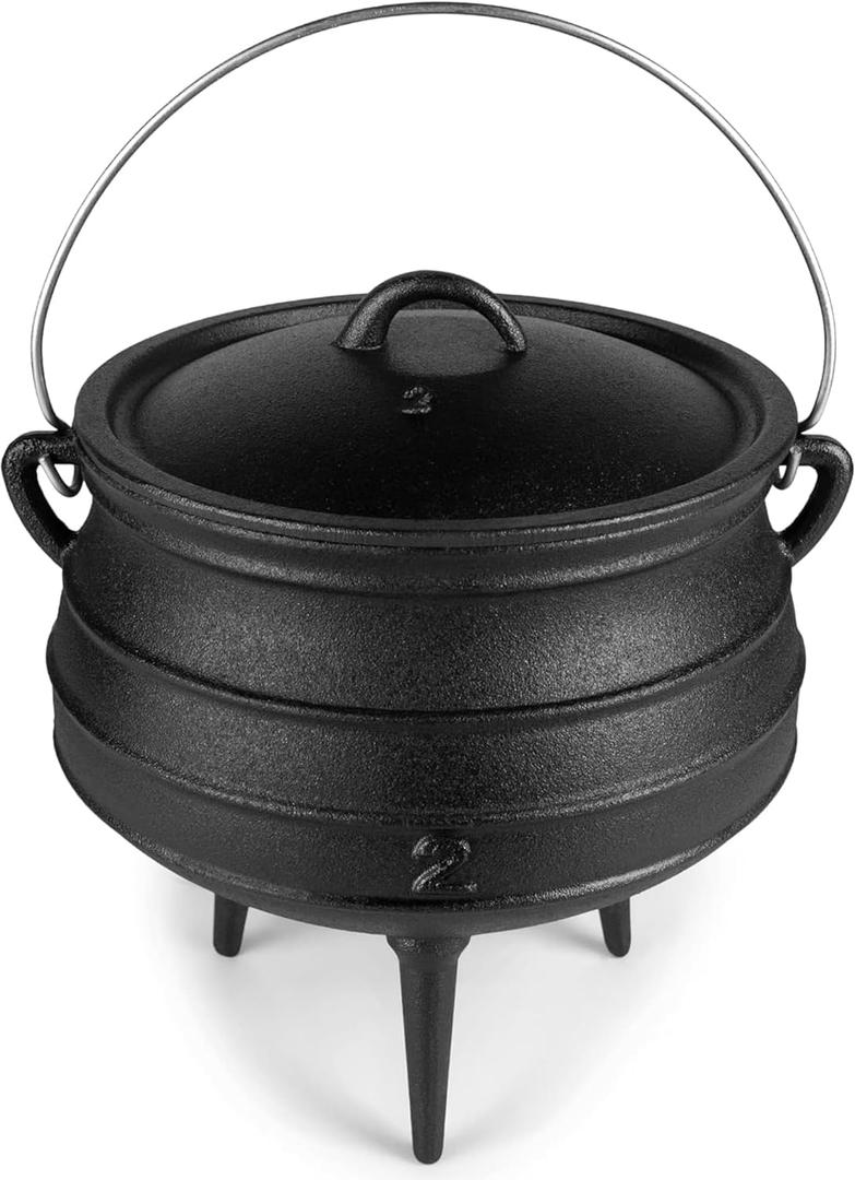 Bruntmor 8-Quart Pre-Seasoned Cast Iron Cauldron - African Potjie Pot with Lid - 3-Legged Pot for Even Heat Distribution - Outdoor Cast Iron Dutch Oven Cookware for Campfire Cooking and Boiling