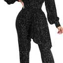 DinyIn Women's Sparkly Jumpsuits Clubwear One Piece Deep V Neck Long Sleeve Pants Rompers with Belt (X-Large)