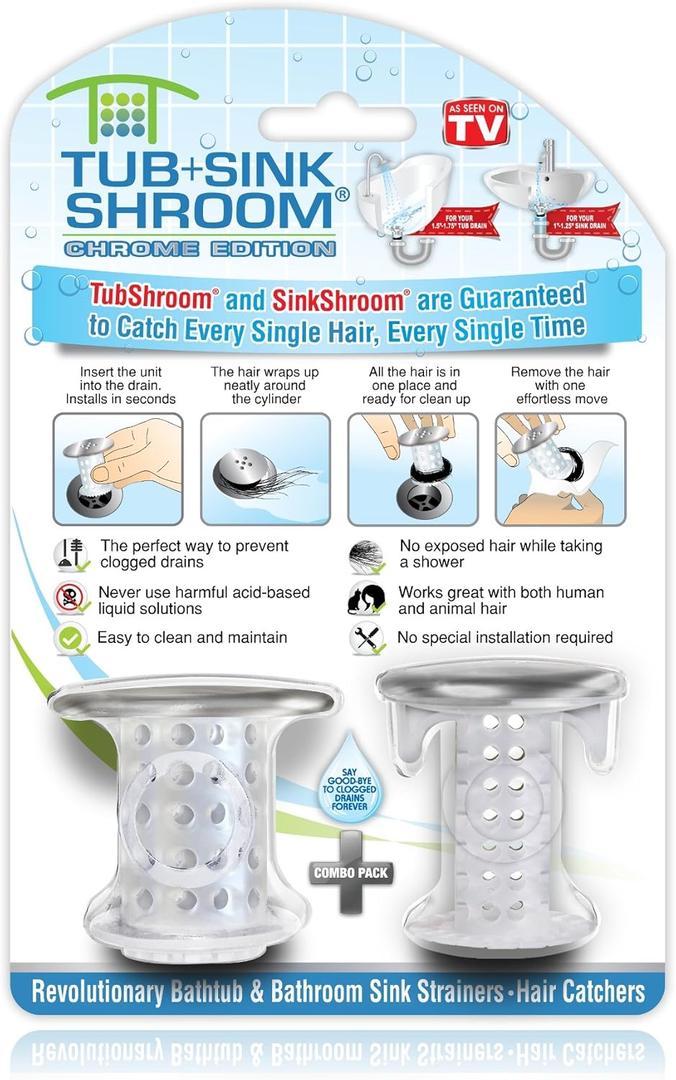 TubShroom and SinkShroom Drain Protectors Hair Catchers for Bathtubs and Sinks, Chrome