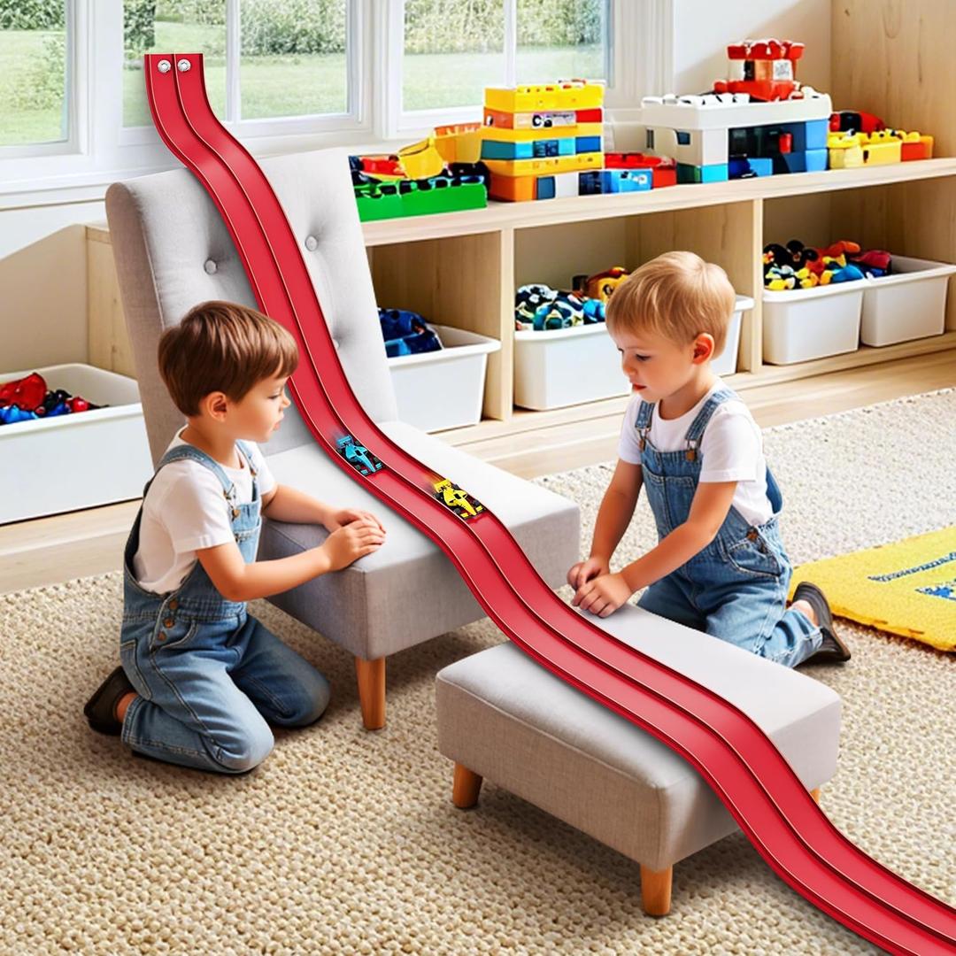 16 Ft Flexible Race Car Ramp Track for Kids Toy with Suction Cups, Compatible with Diecast 1/64th Cars, Rolls Up Portable Racetrack Party Favor Gifts for Boys Ages 3-10 Year Old (Racing Red)
