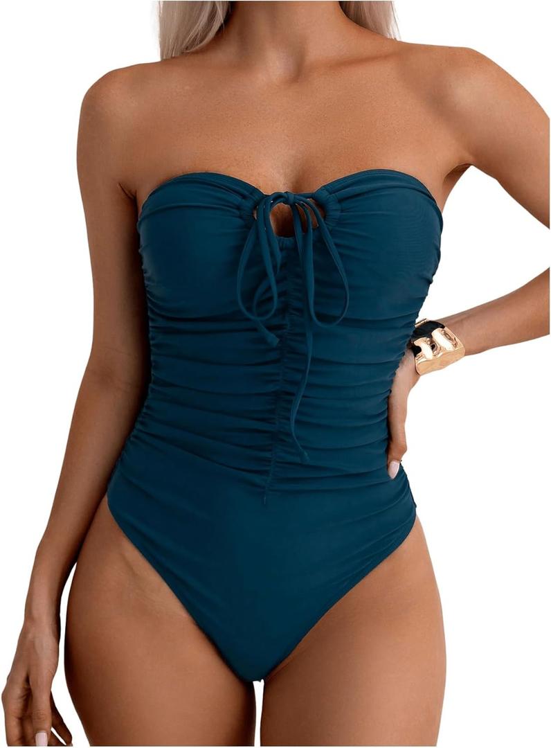 Milumia Women Strapless Bathing Suits Ruched Halter Bandeau One Piece Swimsuit (Medium, Dark Green)