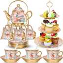 21 Pcs Ceramic Teapot Set Vintage Porcelain Tea Cups with Metal Holder and High Tier Cupcake Stand Saucers for Women Girls Farmhouse European Weddings Party Decor Gifts(Pink,Spring)