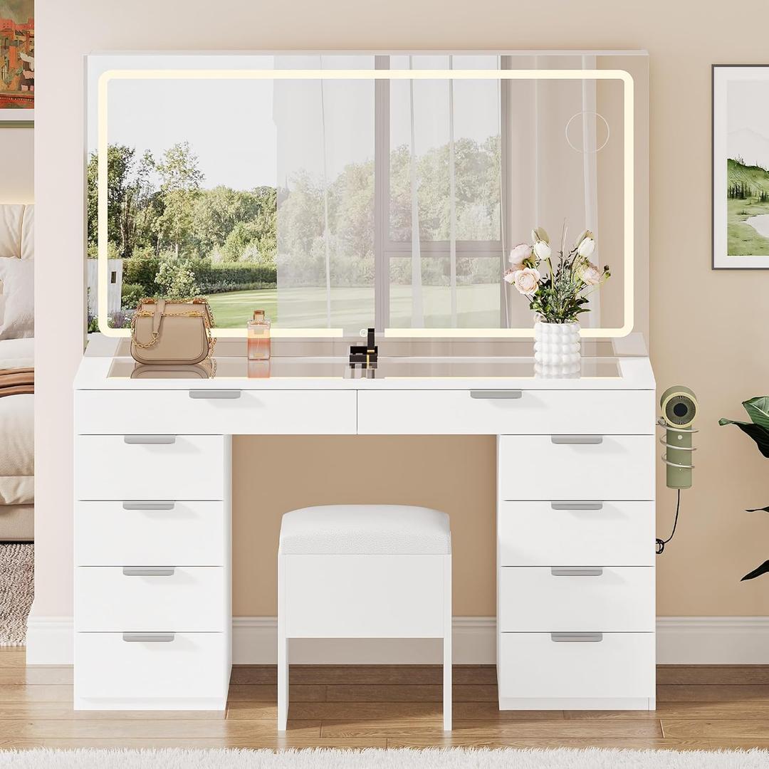 YITAHOME Vanity Set, Makeup Vanity Desk with Adjustable LED Mirror, Power Outlets, 10 Drawers, Magnifying Glass, Tempered Glass Top, Hairdryer Holder, Stool for Bathroom, Makeup Room