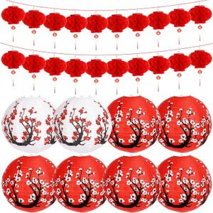 28 Pcs Japanese Lantern Hibachi Party Decorations Chinese Paper Decor Includes 6 Red, 2 White, and 20 11.8 Inch Small Lantern Plum Blossom for Chinese New Year