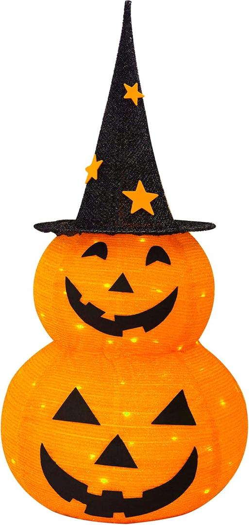 FUNPENY 3FT Halloween Collapsible Pumpkin Decorations, Pre-Lit Light Up 50 LED Pumpkin with Star Hat 8 Lighted Mode, Pop Up Jack-o-Lantern with Metal Stand for Indoor Outdoor Yard Holiday Decor