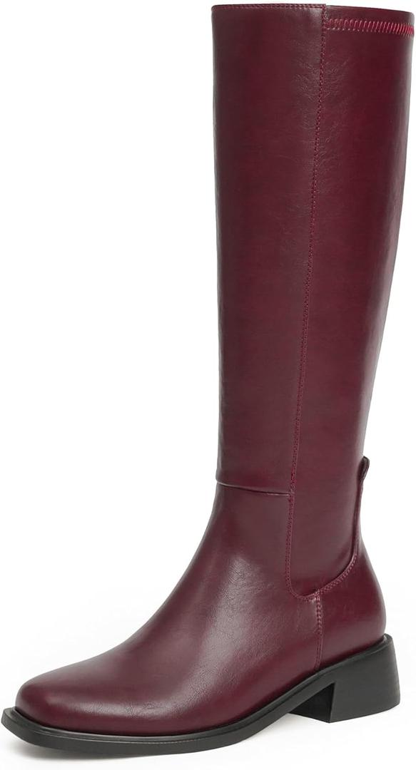 Knee High Boots Women Faux Leather Elastic Boots Low Heel Square Toe Side Zipper Fall Long Tall Boots for Women (8.5, Burgundy)