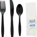 AmerCareRoyal 6-in-1 Disposable Silverware Heavy Weight Plastic Utensil Set with Teaspoon, Fork, Knife, Salt & Pepper Packets, 13x17 Napkin - Individually Wrapped Cutlery Meal Kit, Black, Case of 250