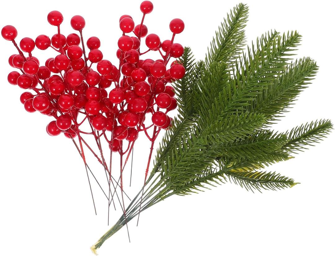 FRCOLOR 20pcs Faux Red Berry Stems and Green Branches Artificial Holly Berry Picks for Christmas Holiday Decor and DIY Craft Arrangements