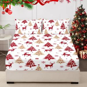 HCORA Christmas Fitted Sheet with Pillow Cases, 100% Brushed Microfibre Deep Pocket Fitted Bottom Sheet, Ultra Soft, Shrinkage and Fade Resistant, Full Size