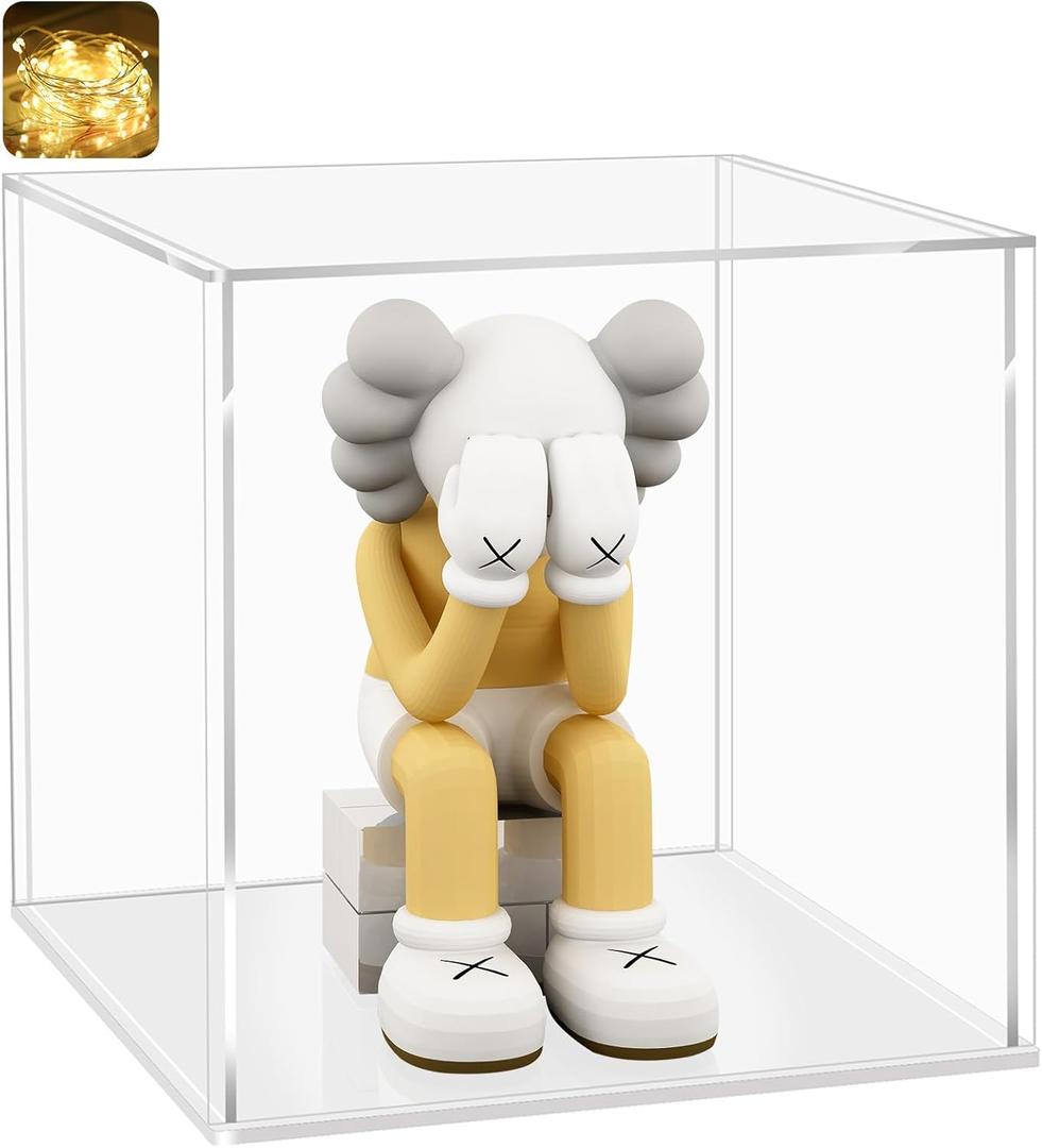 LANSCOERY Acrylic Display Case, 8x6x8 in, Upgraded Thickened UV-Resistant Showcase, 98% Clarity Dustproof Box with Glossy White Base for Action Figures, LEGO & Models, Includes Scraper & LED Light