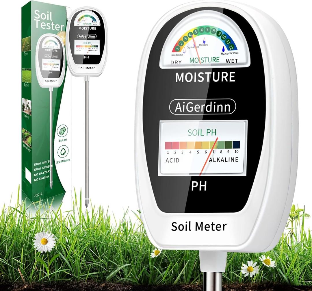 Soil Test Kit, 2-in-1 Soil Moisture Meter, Soil pH Meter -Dual Dial-Simultaneously-Display Results-Soil pH Tester, Moisture Meter for Garden,Lawn,Farm Indoor&Outdoor Plants-PureWhite (Basicwhite)