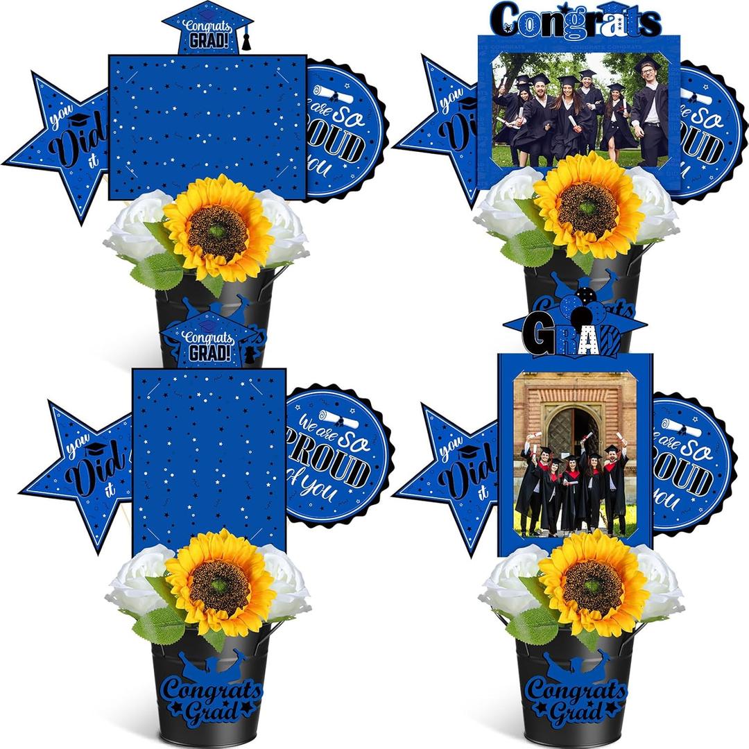 Leinuosen 4 Set Graduation Party Centerpiece Class of 2025 Table Topper Congrats Grad Picture Centerpiece Stick with Metal Bucket Artificial Flowers for High School College Grad Decor(Blue and Black)