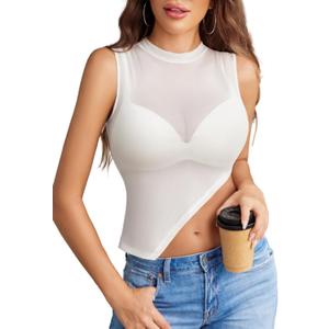 Avidlove Women Camisole Tops Sheer Mock Neck Tank See Through Summer Mesh Shirts Asymmetrical Top Clubwear (White)