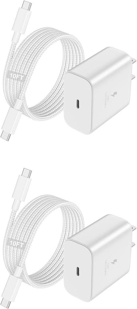 45W Fast Charger USB C 2-Pack Type C Wall Charger with 10FT Braided Cable Compatible with Galaxy S25/24/S23/S22/S21/Ultra, Note 20, Tab S9, Z Fold/Z Flip, USB C White Charging Block