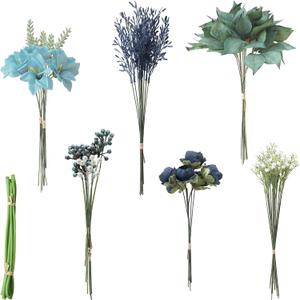 Floroom Artificial Greenery Stems Box Set, 59pcs with 8 Kinds of Faux Greenery Flowers Picks for DIY Bridal Bouquets Wedding Floral Arrangement Table Centerpieces, Navy & Dusty Blue