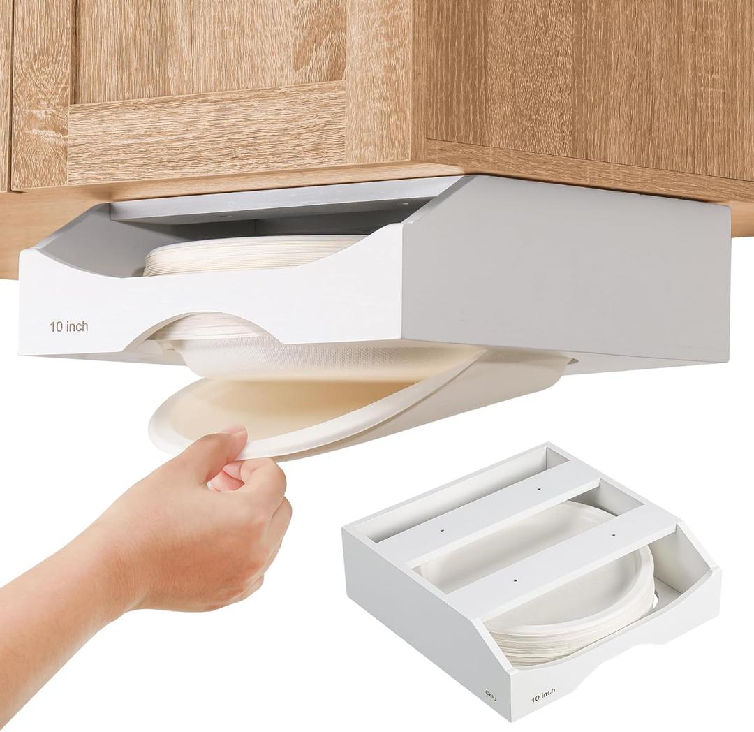 CKIU 10-inch Paper Plate Dispenser Under Cabinet, Bamboo Paper Plate Holders, Kitchen Counter Vertical Plate Dispensers Holders Countertop Caddy (For 10-inch Plates, White)