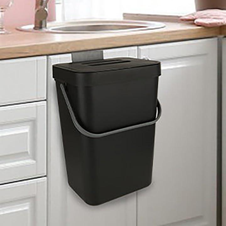 1Pcs Hanging Trash Can with Lid, 3.2 Gallon/12L Kitchen Hanging Garbage Can with Lid, Large Wall-Mounted Compost Bin Under Sink for Kitchen, Bathroom, Cabinet Door(Black)