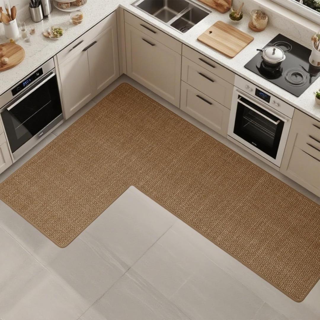 Anti-Slip Corner Kitchen Rug, 1 Piece L-Shaped Floor Mats,Super Absorption Linen Corner Mat for Home,Kitchen (Taupe Right-L, 39''X59''X18'')