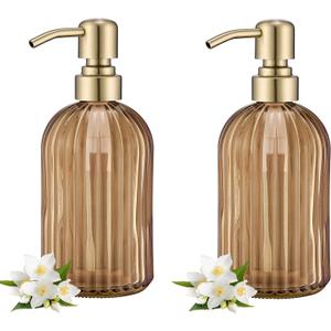 16 OZ Amber Glass Soap Dispenser, Amber Stripe Bathroom Hand Soap Dispensers with Stainless Steel Brushed Gold Pump,Brown Glass Kitchen Hand Soap Dispenser with Brushed Gold Pump,2 Packs