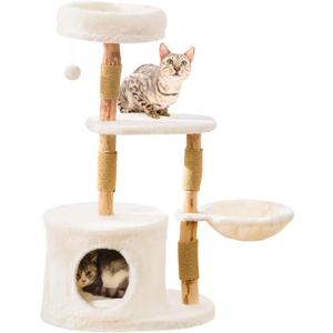 Modern Solid Hardwood Cat Tree Tower for Indoor Cats - Premium Wooden Cat Furniture with Scratching Posts, Cozy Condo, Stable Perch & Non-Tip Base, Multi-Level Play for Small & Medium Cats (White)