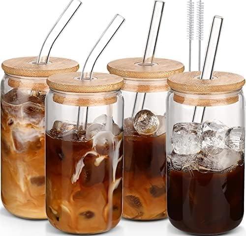 DWTS DANWEITESI Glass Cups with Lids and Straws 4 pcs,16oz Drinking Glasses Set for Coffee Bar Accessories Iced Coffee Cups with Lids,Glass Tumbler Reusable for Gifts (Blank Transparent Color)