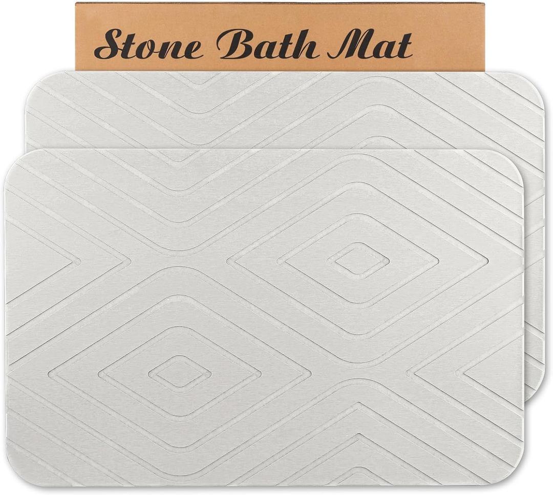 Stone Bath Mat, 2 Pack Diatomaceous Earth Shower Mat, Non-Slip Super Absorbent Quick Drying Bathroom Floor Mat, 24x15, Off-White