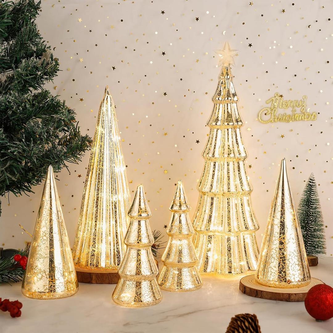 Set of 6 Mercury Glass Christmas Tree with Lights 13.8inch 7.87inch 5.9inch Small Christmas Table Centerpieces Tabletop Mantle Decorations LED Mini Silver Christmas Tree Holiday Indoor Decor