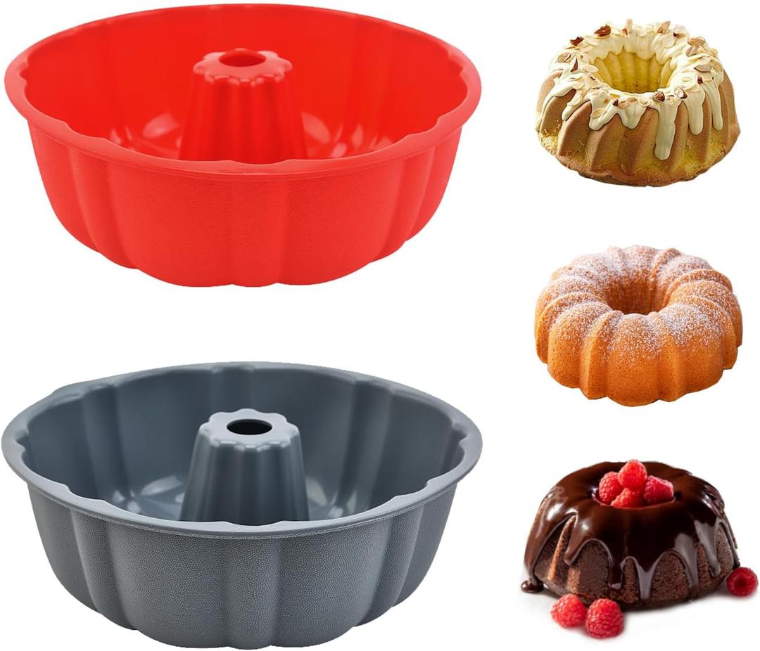 2 Pack Silicone Bundt Cake Pan Nonstick,10 Inch, Silicone Cake Molds,Pound Cake Pan, Baking for Jello,Gelatin,Cake,Brownie and Bread (Red+Grey)