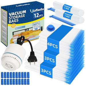 12Pack Vacuum Storage Bags with Electric Pump (3 Large, 3 Medium, 4 Small, 2 Roll Up Bags), Space Saver Bag for Clothes, Duvets, Pillows, Mattress, Blanket, Comforters,Travel