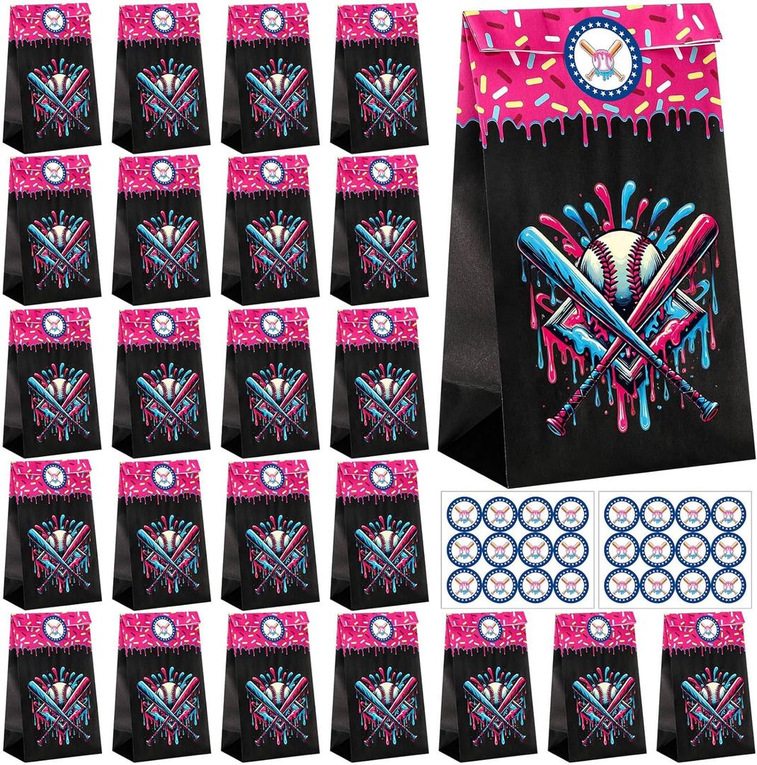 Eaasty 24 Sets Ice Cream Drip Baseball Themed Paper Bags Bulk with Stickers Summer Pool and Beach Game Gifts for Summer Ice-cream Baseball Party
